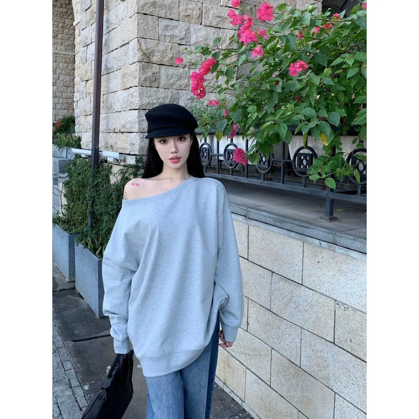 Mina Off Shoulder Loose Crewneck-korean-fashion-Crewneck-Mina's Closet-OH Garments