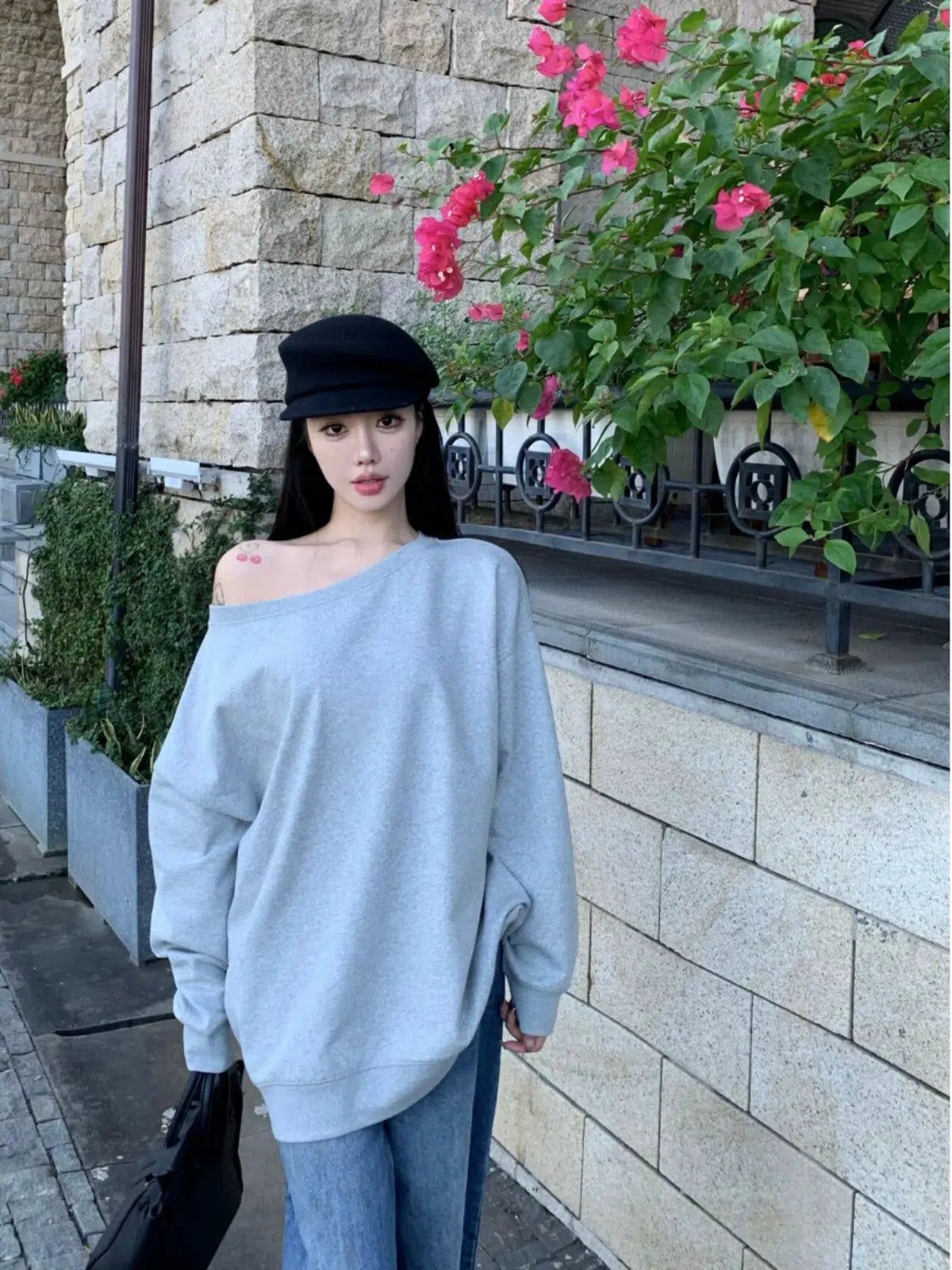 Mina Off Shoulder Loose Crewneck-korean-fashion-Crewneck-Mina's Closet-OH Garments