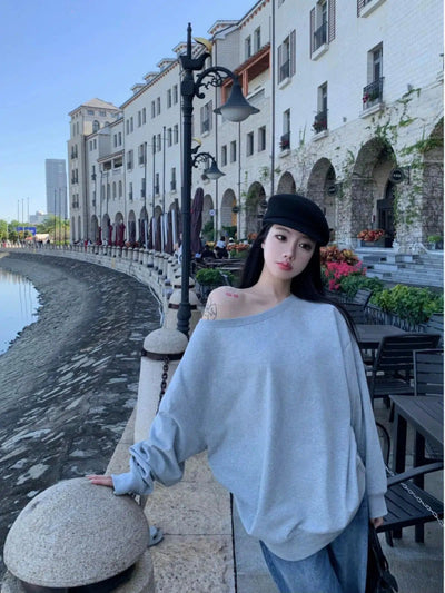 Mina Off Shoulder Loose Crewneck-korean-fashion-Crewneck-Mina's Closet-OH Garments