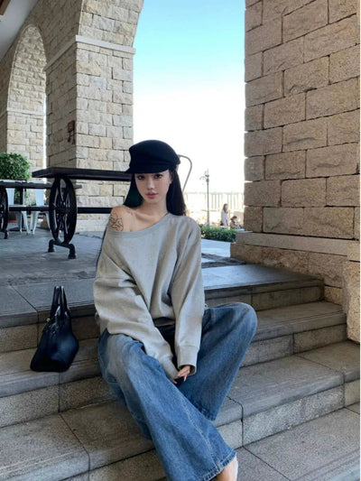 Mina Off Shoulder Loose Crewneck-korean-fashion-Crewneck-Mina's Closet-OH Garments