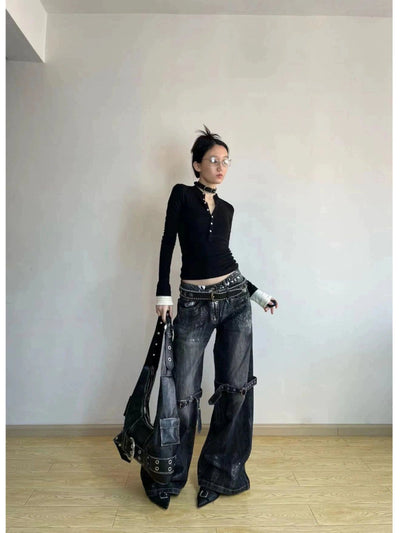 Mina Paint Wash Buckled Strap Jeans-korean-fashion-Jeans-Mina's Closet-OH Garments