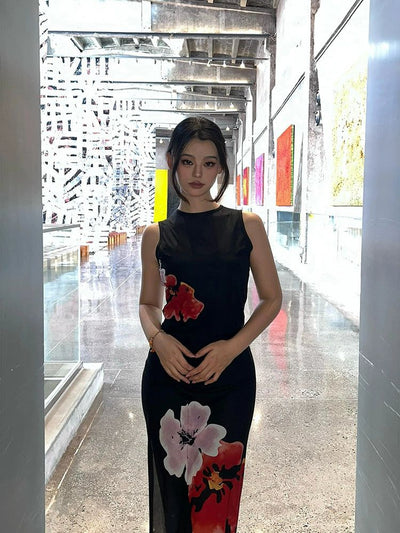 Mina Peony Printed Sleeveless Blouse & Slim Fit Skirt Set-korean-fashion-Clothing Set-Mina's Closet-OH Garments