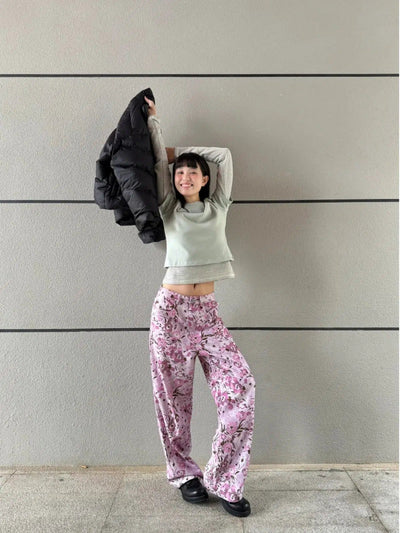 Mina Pink Flower Pattern Jeans-korean-fashion-Jeans-Mina's Closet-OH Garments