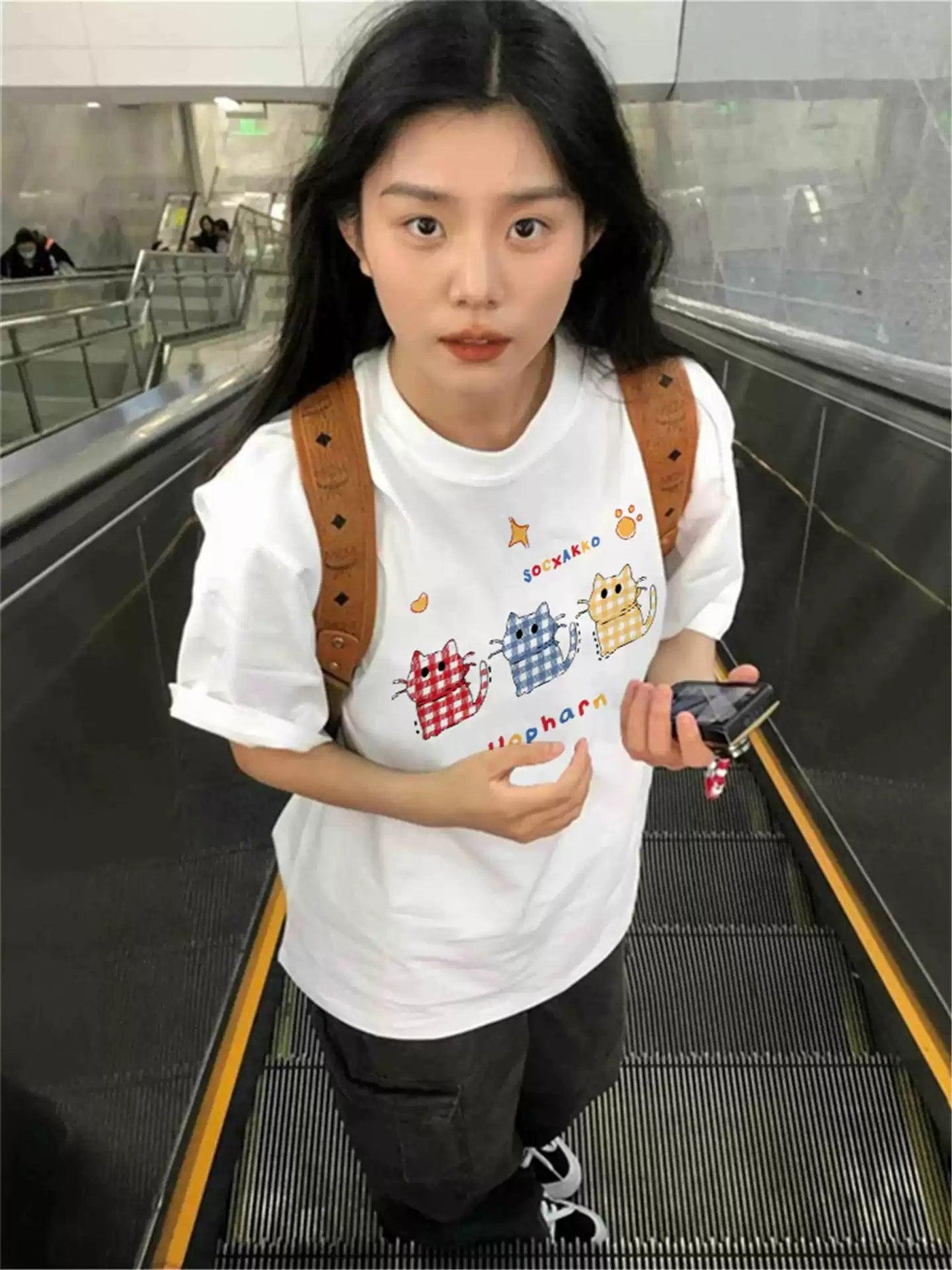 Mina Plaid Cats Print T-Shirt-korean-fashion-T-Shirt-Mina's Closet-OH Garments