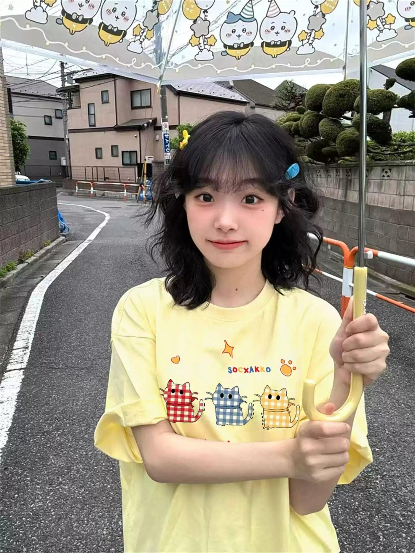 Mina Plaid Cats Print T-Shirt-korean-fashion-T-Shirt-Mina's Closet-OH Garments