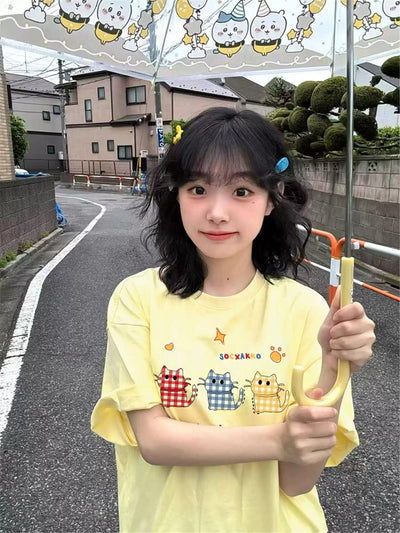 Mina Plaid Cats Print T-Shirt-korean-fashion-T-Shirt-Mina's Closet-OH Garments