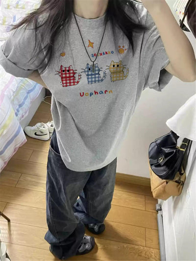 Mina Plaid Cats Print T-Shirt-korean-fashion-T-Shirt-Mina's Closet-OH Garments