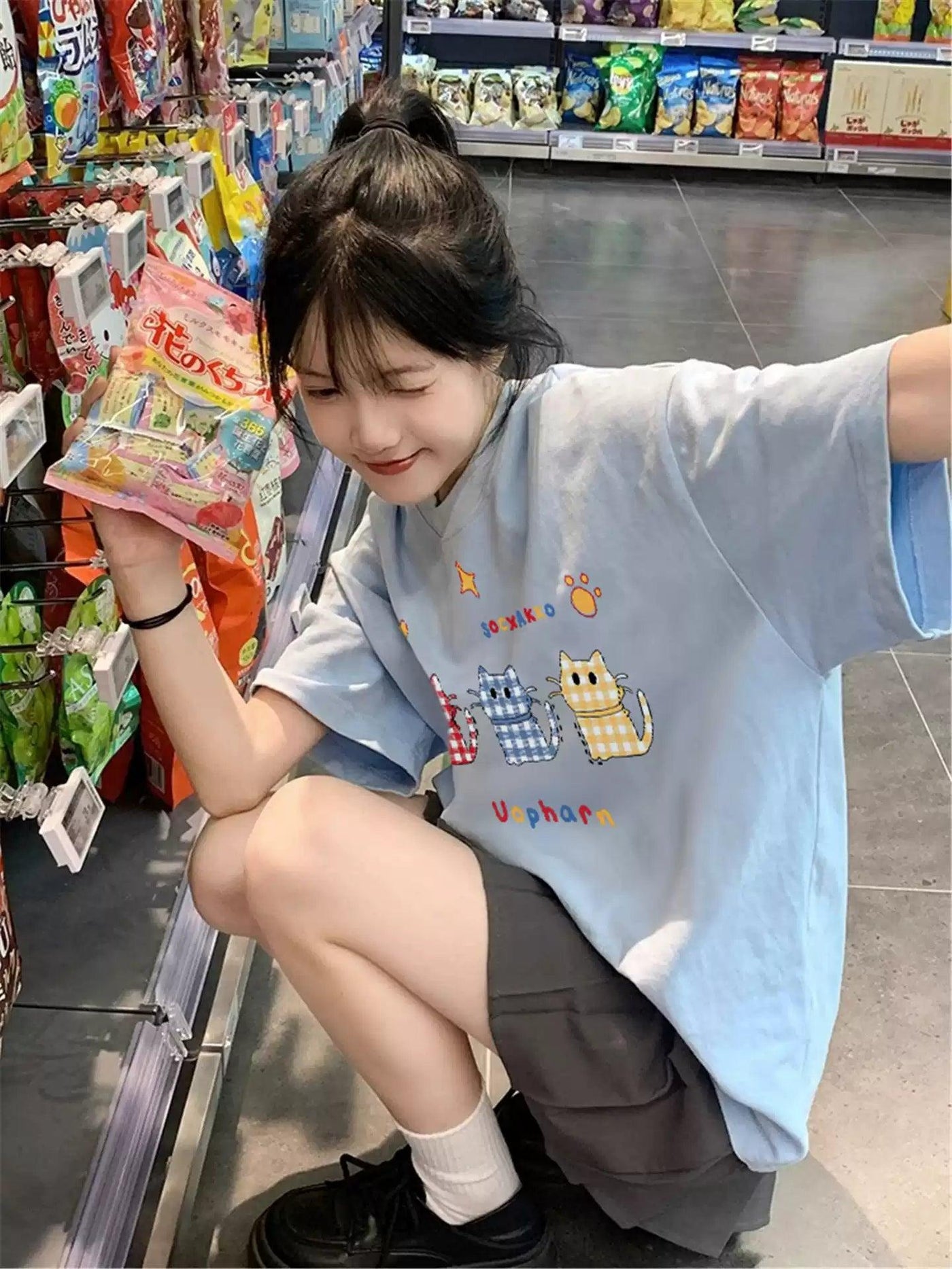 Mina Plaid Cats Print T-Shirt-korean-fashion-T-Shirt-Mina's Closet-OH Garments