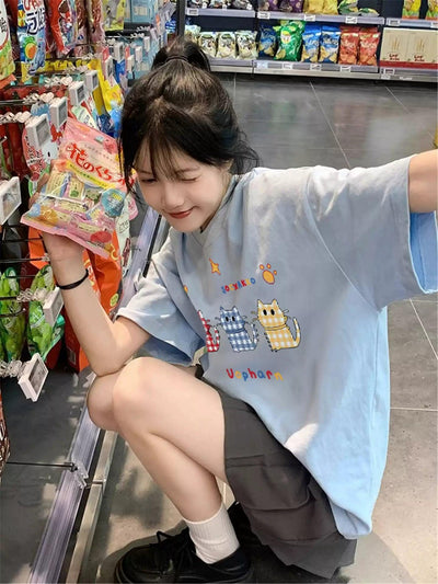 Mina Plaid Cats Print T-Shirt-korean-fashion-T-Shirt-Mina's Closet-OH Garments