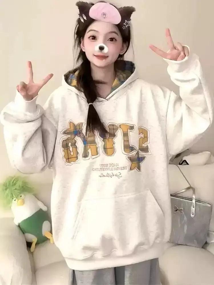 Mina Plaid Pattern Graphic Hoodie-korean-fashion-Hoodie-Mina's Closet-OH Garments