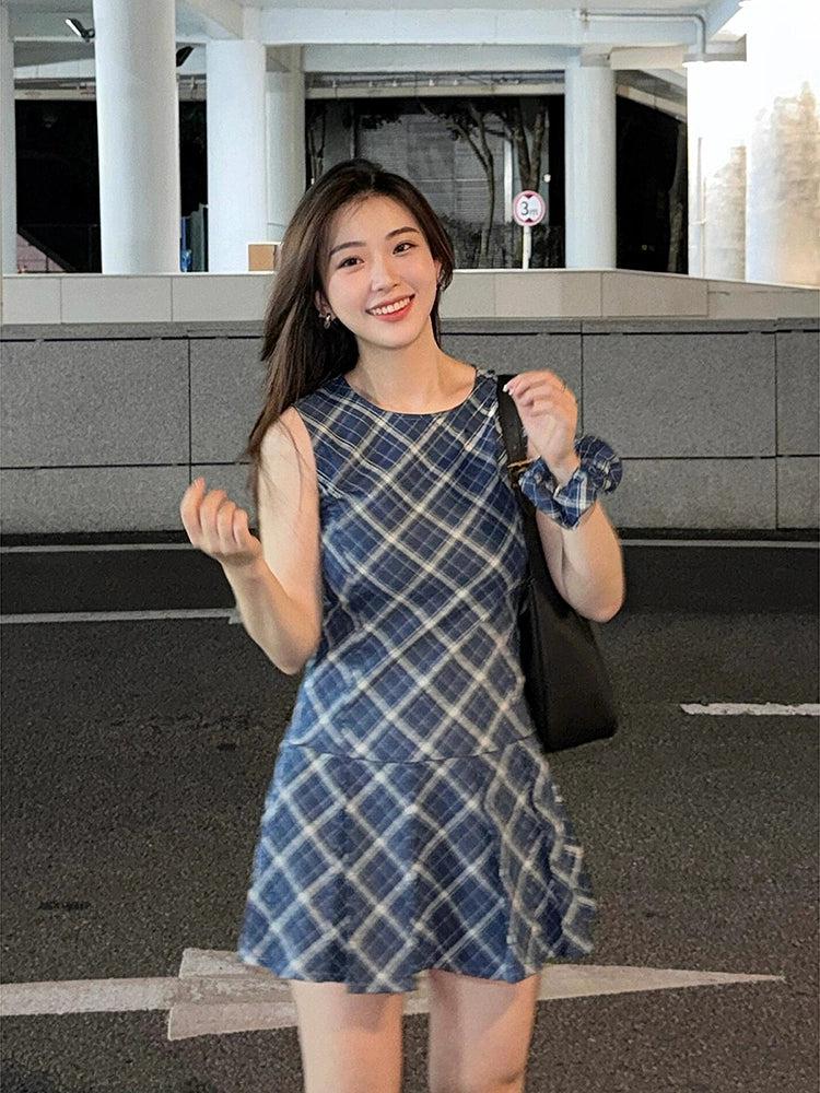 Mina Plaid Pleats Pattern Short Dress-korean-fashion-Dress-Mina's Closet-OH Garments