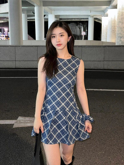 Mina Plaid Pleats Pattern Short Dress-korean-fashion-Dress-Mina's Closet-OH Garments