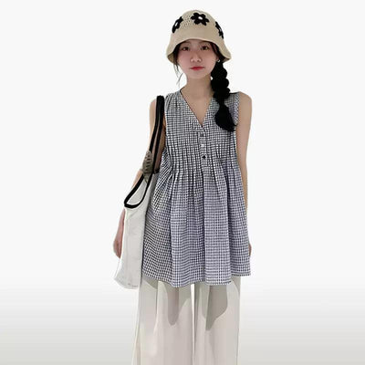 Mina Plaid Pleats Sleeveless Blouse-korean-fashion-Vest-Mina's Closet-OH Garments