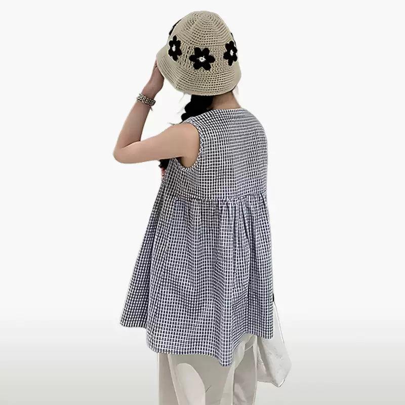 Mina Plaid Pleats Sleeveless Blouse-korean-fashion-Vest-Mina's Closet-OH Garments