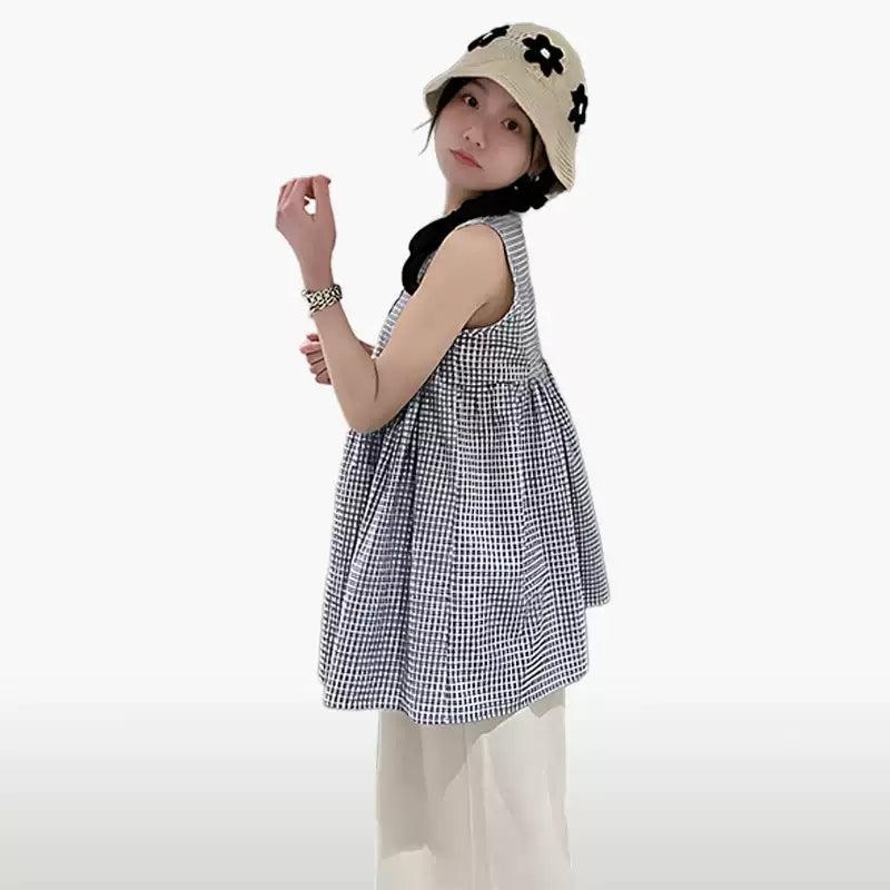 Mina Plaid Pleats Sleeveless Blouse-korean-fashion-Vest-Mina's Closet-OH Garments