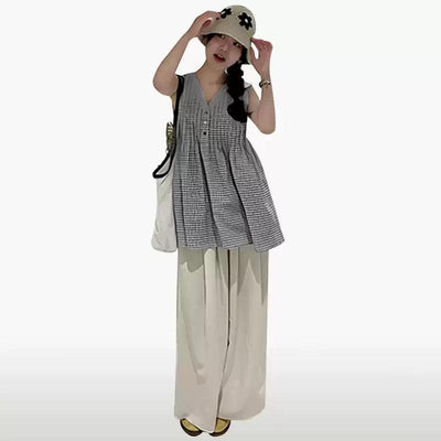 Mina Plaid Pleats Sleeveless Blouse-korean-fashion-Vest-Mina's Closet-OH Garments
