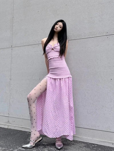 Mina Plaid Side Slit Tube Dress-korean-fashion-Dress-Mina's Closet-OH Garments