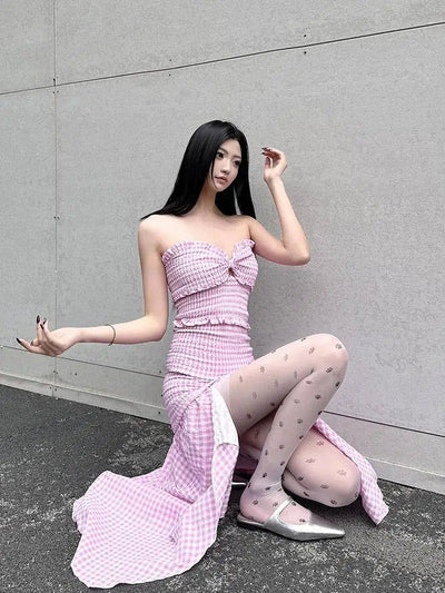 Mina Plaid Side Slit Tube Dress-korean-fashion-Dress-Mina's Closet-OH Garments