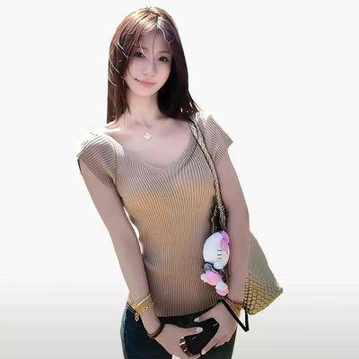 Mina Plain Textured Knit T-Shirt-korean-fashion-T-Shirt-Mina's Closet-OH Garments