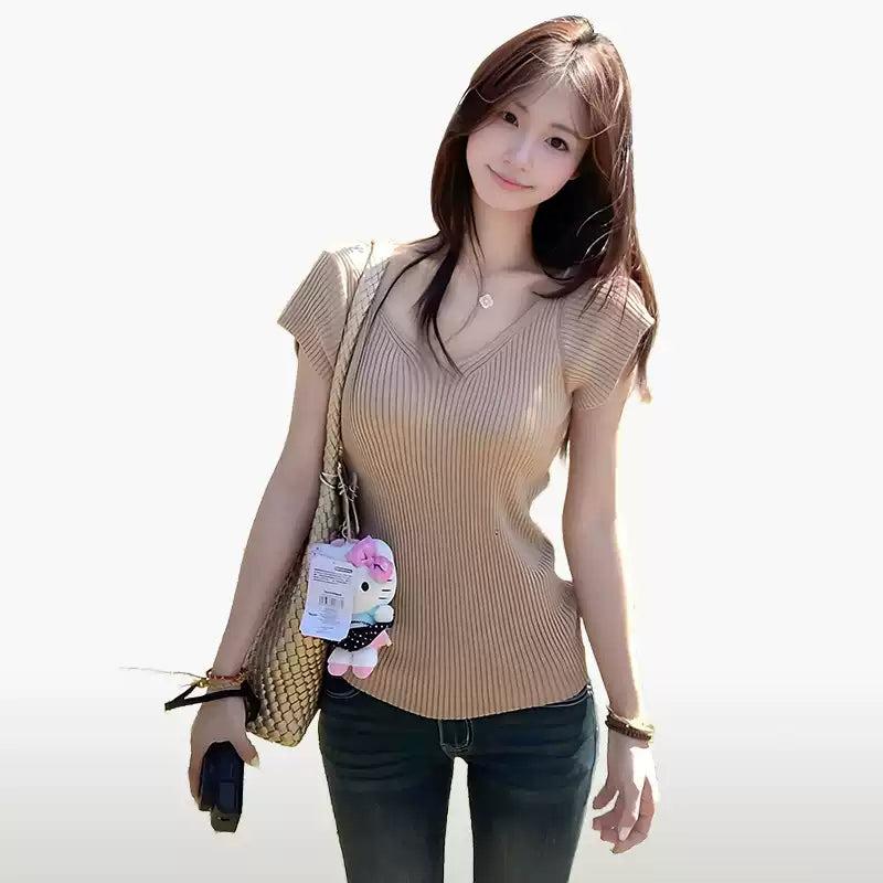 Mina Plain Textured Knit T-Shirt-korean-fashion-T-Shirt-Mina's Closet-OH Garments