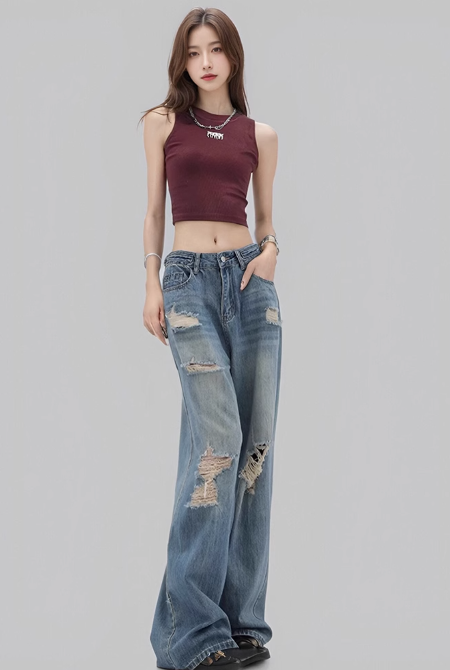 Mina Scattered Distress Loose Jeans-korean-fashion-Jeans-Mina's Closet-OH Garments