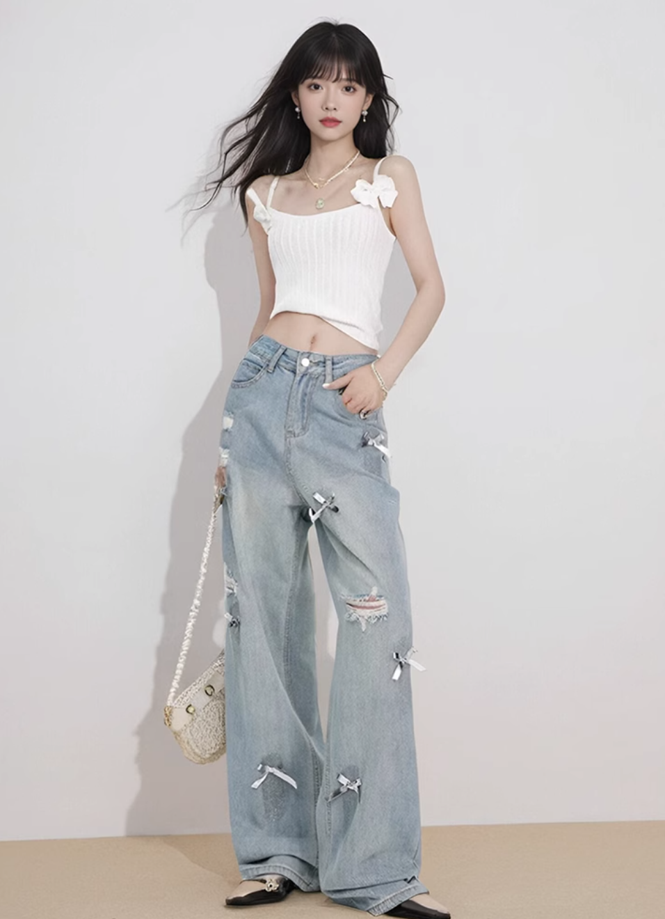 Mina Silve Ribbons Distressed Jeans-korean-fashion-Jeans-Mina's Closet-OH Garments