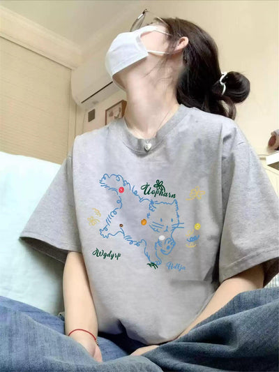 Mina Sketch Cat Graphic T-Shirt-korean-fashion-T-Shirt-Mina's Closet-OH Garments