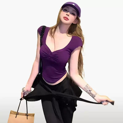 Mina Slim Fit V-Neck T-Shirt-korean-fashion-T-Shirt-Mina's Closet-OH Garments