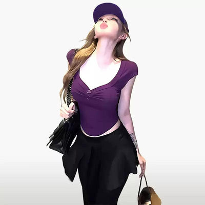 Mina Slim Fit V-Neck T-Shirt-korean-fashion-T-Shirt-Mina's Closet-OH Garments