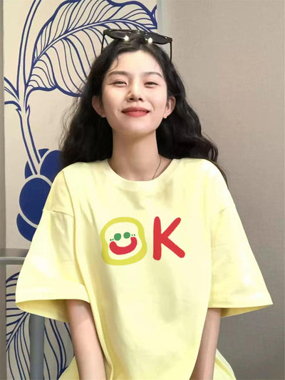 Mina Smile OK Print T-Shirt-korean-fashion-T-Shirt-Mina's Closet-OH Garments