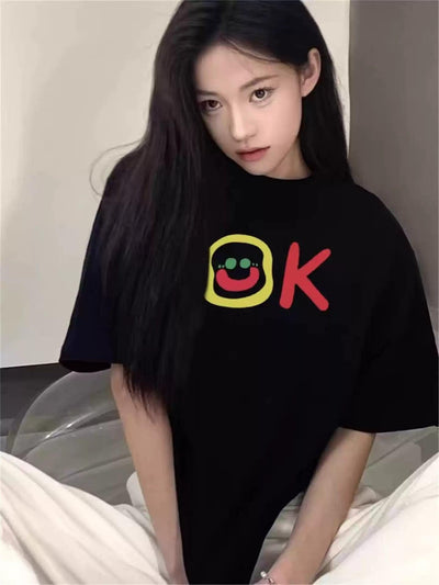 Mina Smile OK Print T-Shirt-korean-fashion-T-Shirt-Mina's Closet-OH Garments
