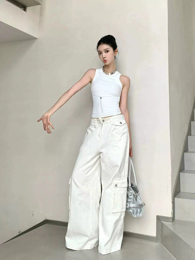 Mina Solid Pocket High Waisted Cargo Pants-korean-fashion-Pants-Mina's Closet-OH Garments