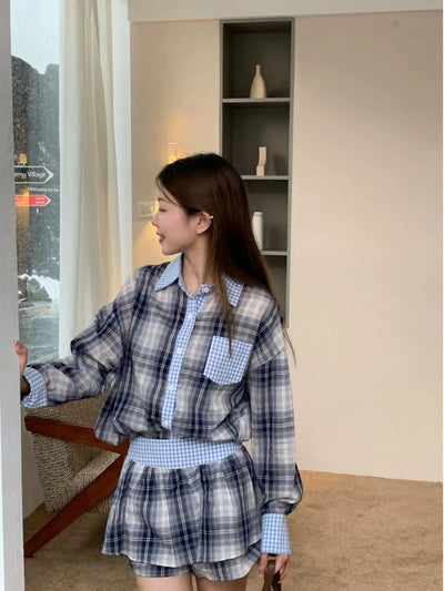 Mina Spliced Plaid Buttoned Shirt & Skirt Set-korean-fashion-Clothing Set-Mina's Closet-OH Garments