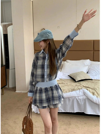 Mina Spliced Plaid Buttoned Shirt & Skirt Set-korean-fashion-Clothing Set-Mina's Closet-OH Garments