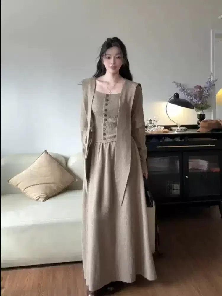 Mina Square Collar Buttoned Knit Long Dress-korean-fashion-Dress-Mina's Closet-OH Garments