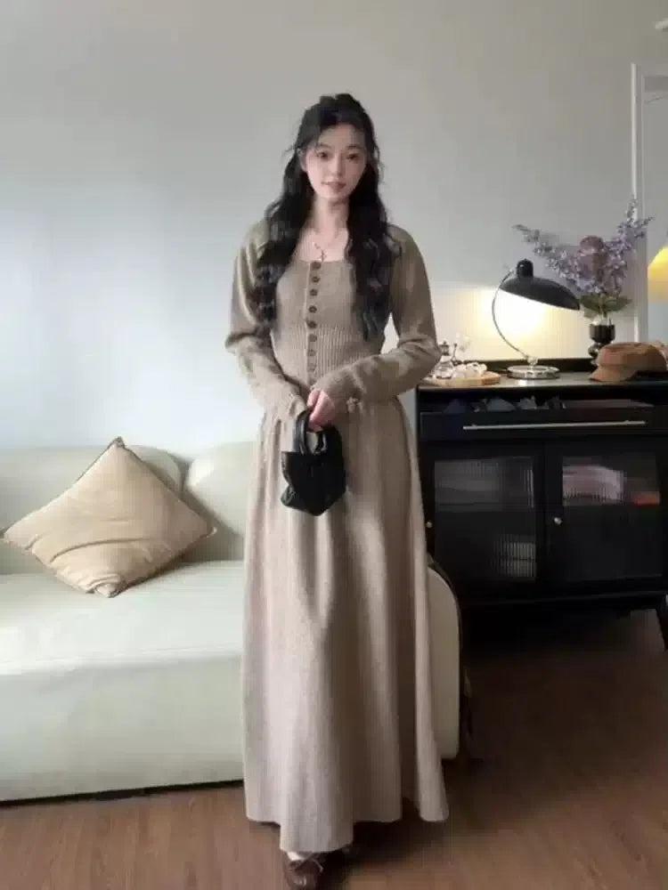 Mina Square Collar Buttoned Knit Long Dress-korean-fashion-Dress-Mina's Closet-OH Garments