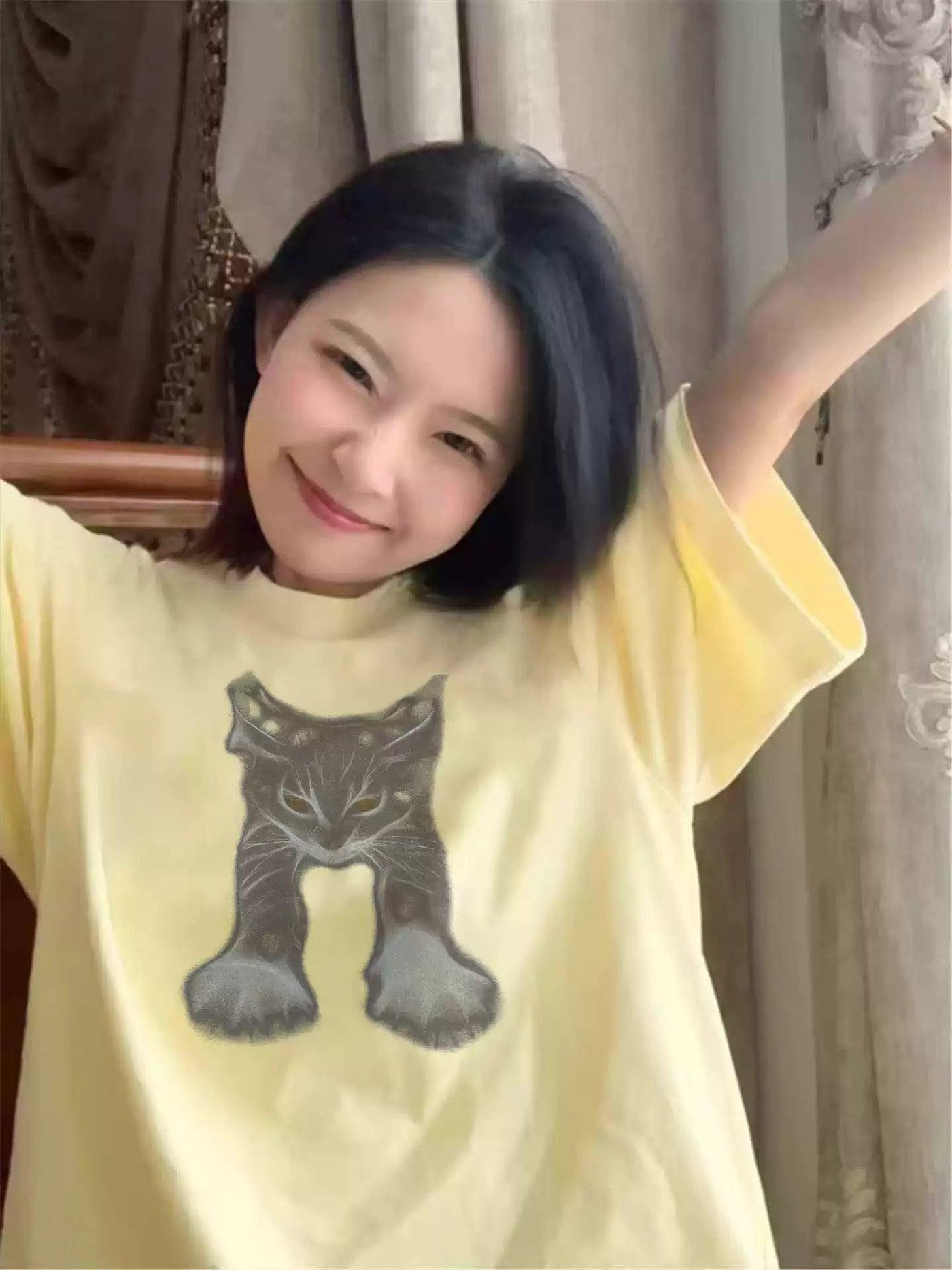 Mina Stretching Cat Graphic T-Shirt-korean-fashion-T-Shirt-Mina's Closet-OH Garments