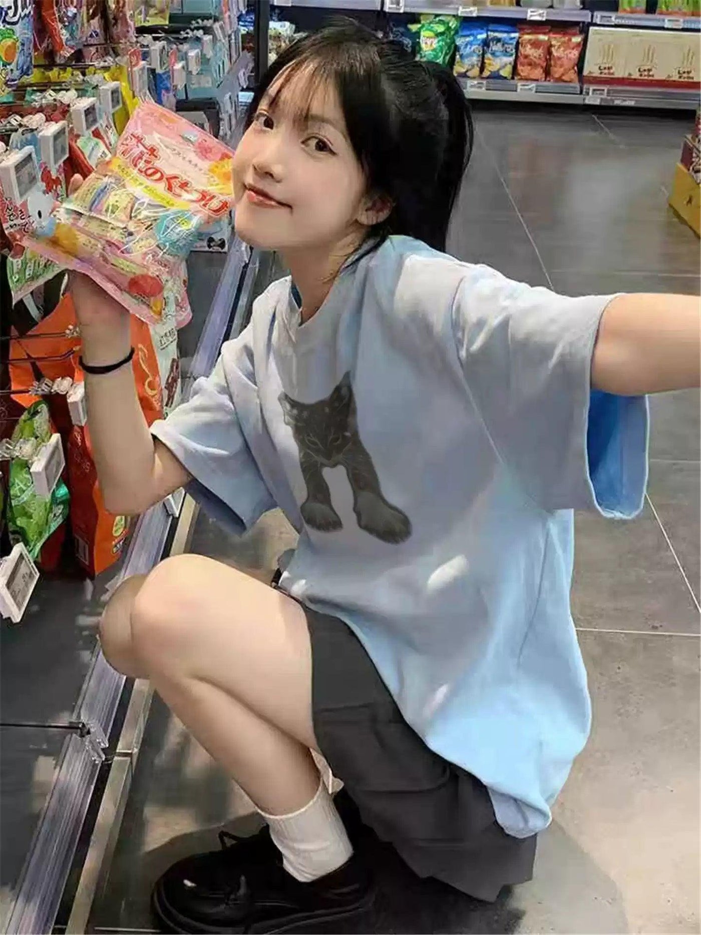 Mina Stretching Cat Graphic T-Shirt-korean-fashion-T-Shirt-Mina's Closet-OH Garments