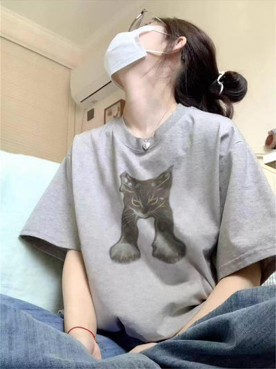 Mina Stretching Cat Graphic T-Shirt-korean-fashion-T-Shirt-Mina's Closet-OH Garments