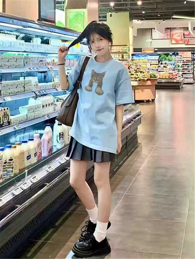 Mina Stretching Cat Graphic T-Shirt-korean-fashion-T-Shirt-Mina's Closet-OH Garments