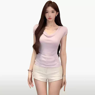Mina Stretchy Ruffle Collar Knit T-Shirt-korean-fashion-T-Shirt-Mina's Closet-OH Garments