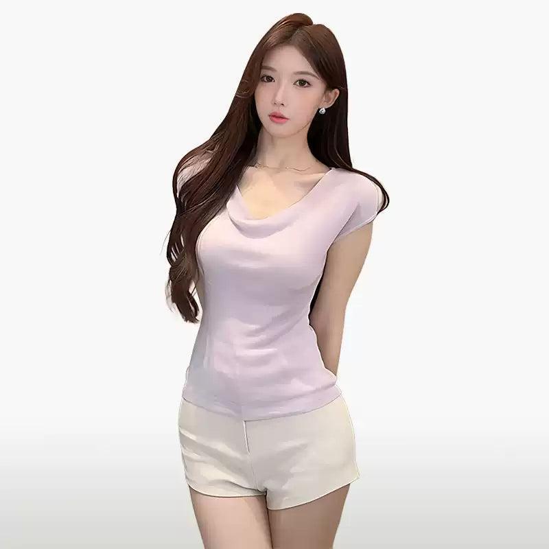 Mina Stretchy Ruffle Collar Knit T-Shirt-korean-fashion-T-Shirt-Mina's Closet-OH Garments
