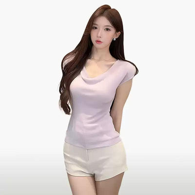 Mina Stretchy Ruffle Collar Knit T-Shirt-korean-fashion-T-Shirt-Mina's Closet-OH Garments
