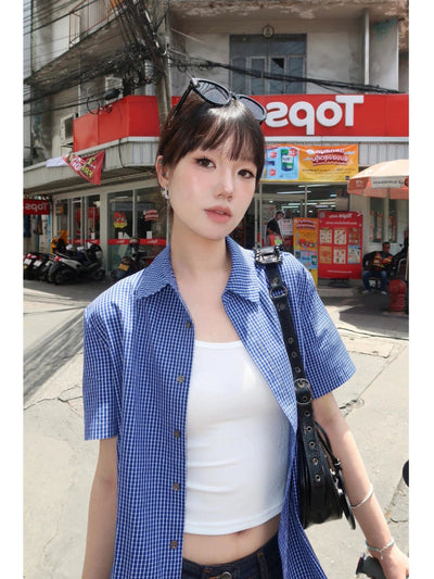 Mina Thin Plaid Short Sleeve Shirt-korean-fashion-Shirt-Mina's Closet-OH Garments