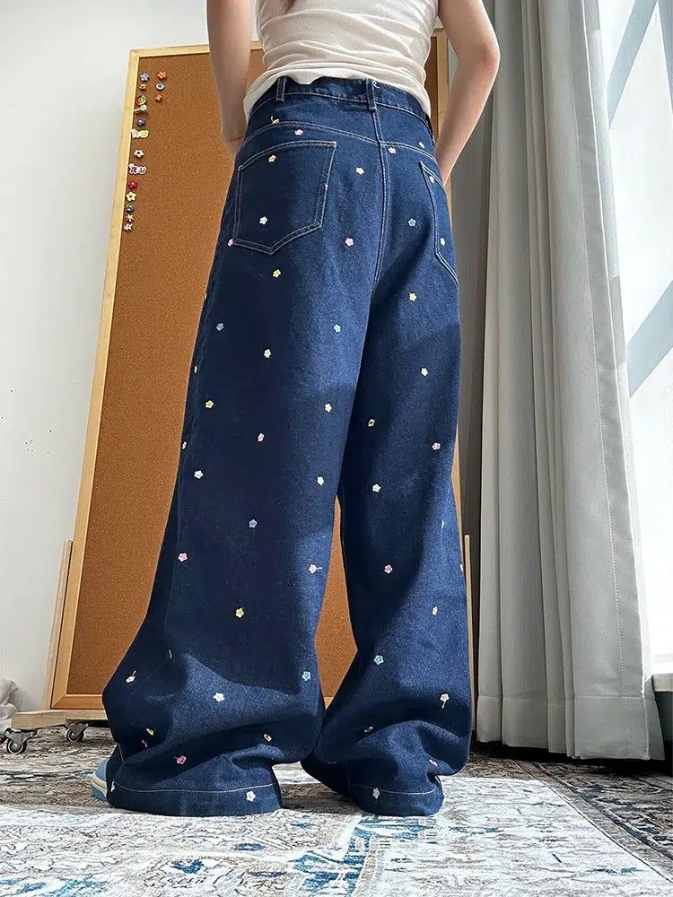 Mina Tiny Flowers Pattern Wide Jeans-korean-fashion-Jeans-Mina's Closet-OH Garments