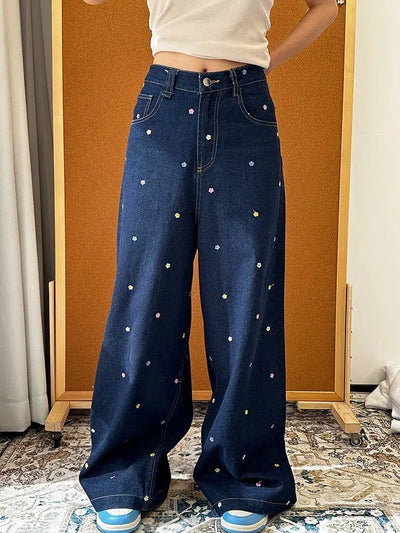 Mina Tiny Flowers Pattern Wide Jeans-korean-fashion-Jeans-Mina's Closet-OH Garments