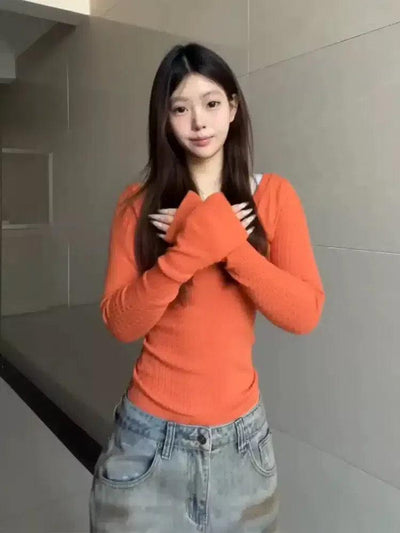 Mina Twist Knitted V-Neck Long Sleeve T-Shirt-korean-fashion-T-Shirt-Mina's Closet-OH Garments