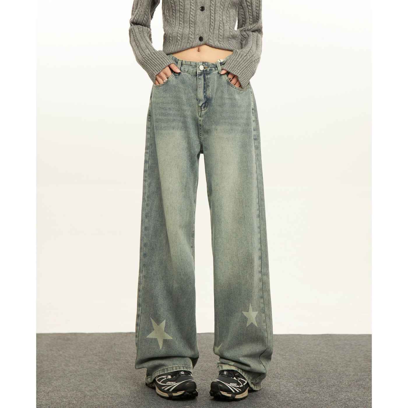 Mina Washed Star Print High Waist Jeans-korean-fashion-Jeans-Mina's Closet-OH Garments