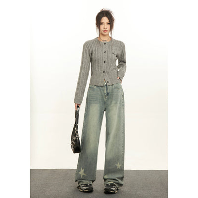 Mina Washed Star Print High Waist Jeans-korean-fashion-Jeans-Mina's Closet-OH Garments