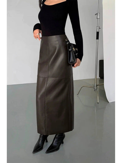 Neva Back Slit Hip Long PU Leather Skirt-korean-fashion-Skirt-Neva's Closet-OH Garments